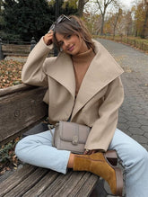 Aurohaya Elegant Double Breasted Wool Coat with Lapel Collar & Pockets for Women Casual Fall/Winter Outerwear